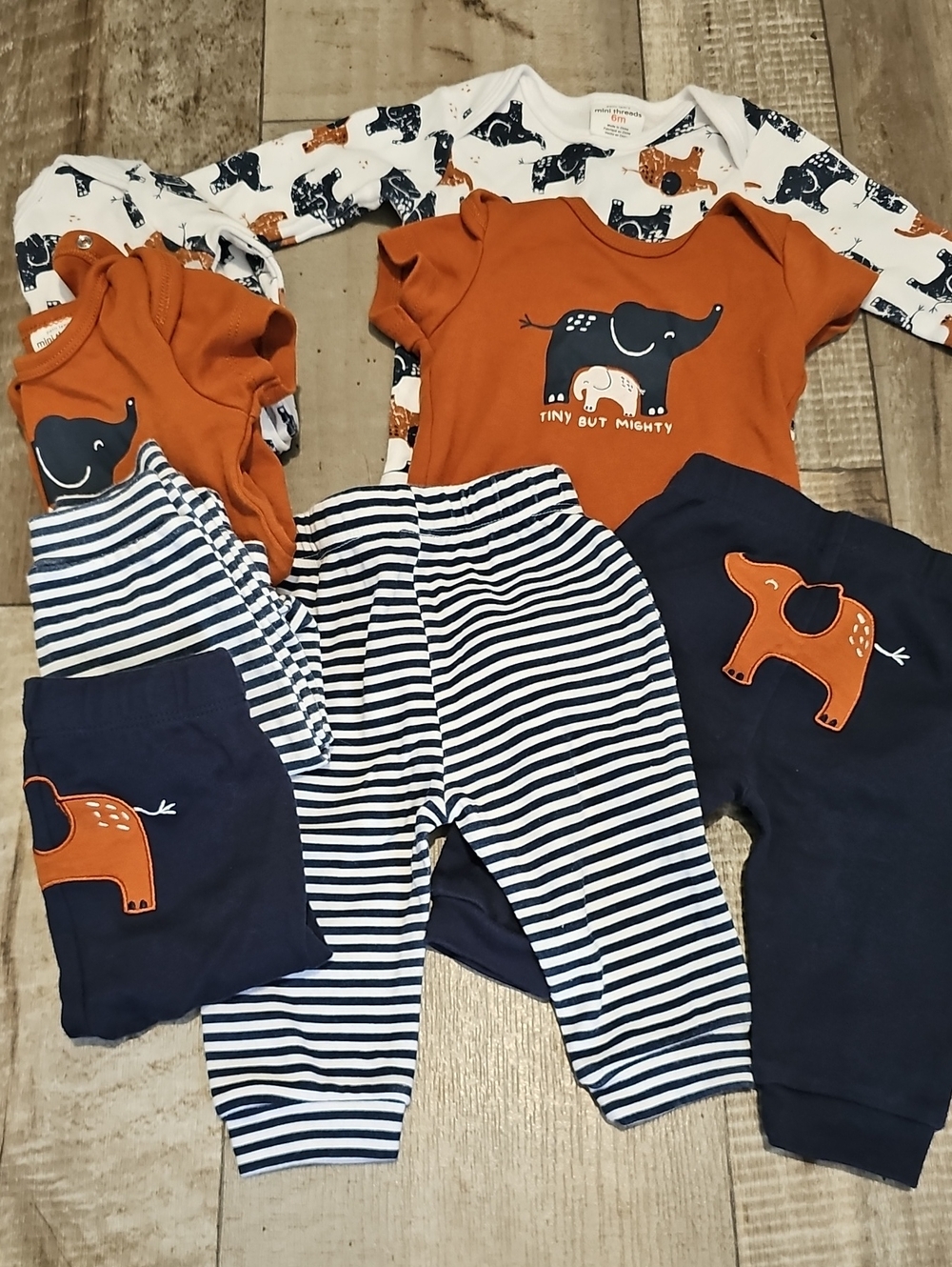Elephant Print Baby Layette Set - Navy, Rust & White, 6 Months